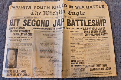 WWII Era News Paper Wichita Eagle DEC 12 1941