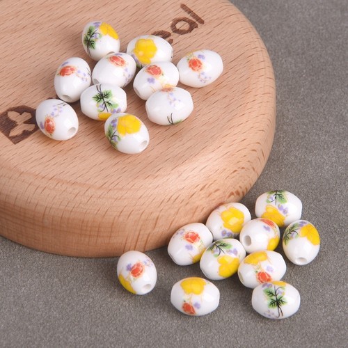 Lotto 20 pezzi 10x8 mm forma ovale pittura floreale ceramica porcellana perline sfuse fai da te - Foto 16 di 21