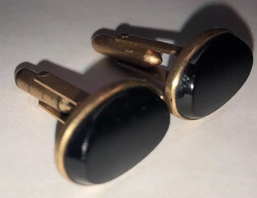 VINTAGE 1/20 12K Gold Filled Gold Tone Oval Black Stone Cufflinks - 第 3/12 張圖片