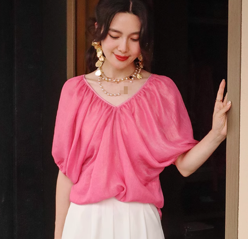 Elegant Short-sleeved V-neck Chiffon Shirt Loose Shirt Womens Top Blouses Casual - 第 10/10 張圖片