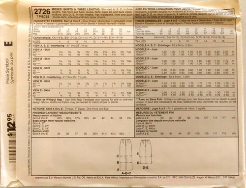 Misses Slim SKIRT Pattern 3 Lengths 5 Styles McCall's 2726 Sizes 8-12 and 10-14 - Picture 5 of 9