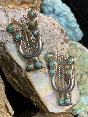 Vintage, 1940 s Native American Sterling Silver & Turquoise Harp Earrings, 11.7g