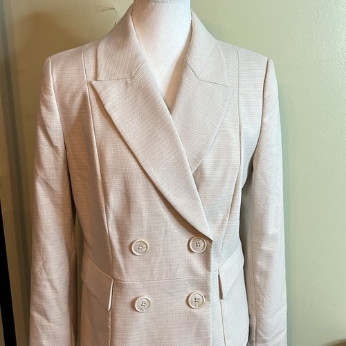 Chaqueta Blazer Elie Tahari Doble Botonadura Neutro Diseño Cuadrado Bolsillo - Talla 10 - Imagen 3 de 15