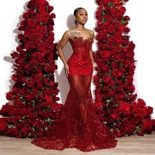 Elegant and Sparkling Mermaid Evening Dress Lace Bead Embroidered Red Ball Dress