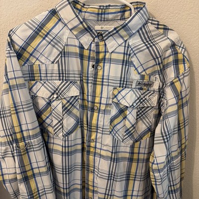 Columbia PFG Shirt Mens XL Blue Yellow Plaid Long Sleeve Snap Fishing Vented
