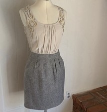 Tabitha Beaded Scoop Neck Sheath Dress Sleeveless Size 4 Beige Gray Silk