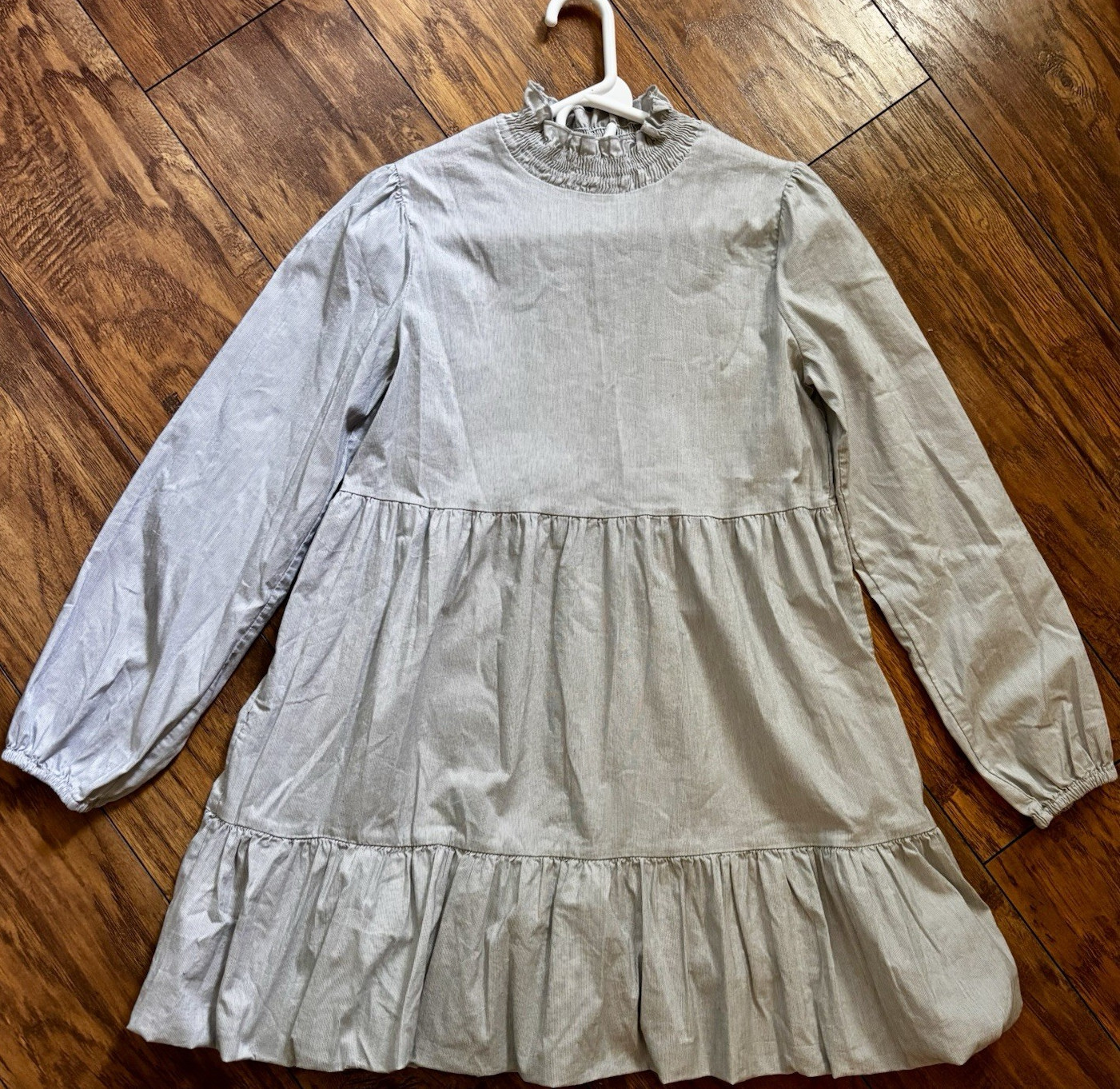 Zara Gray Striped High Neck Ruffle Puff Long Sleeve Mini Dress Cotton M