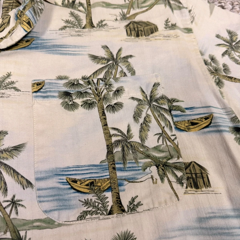Camisa Hawaiana Banana Cabana 100% Seda L Estampado Barco Palmera Manga Corta Foto 3 de 4