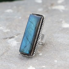 Blue Fire Labradorite Ring, Designer Ring, 925 Silver Ring, Baguette Cut Stone