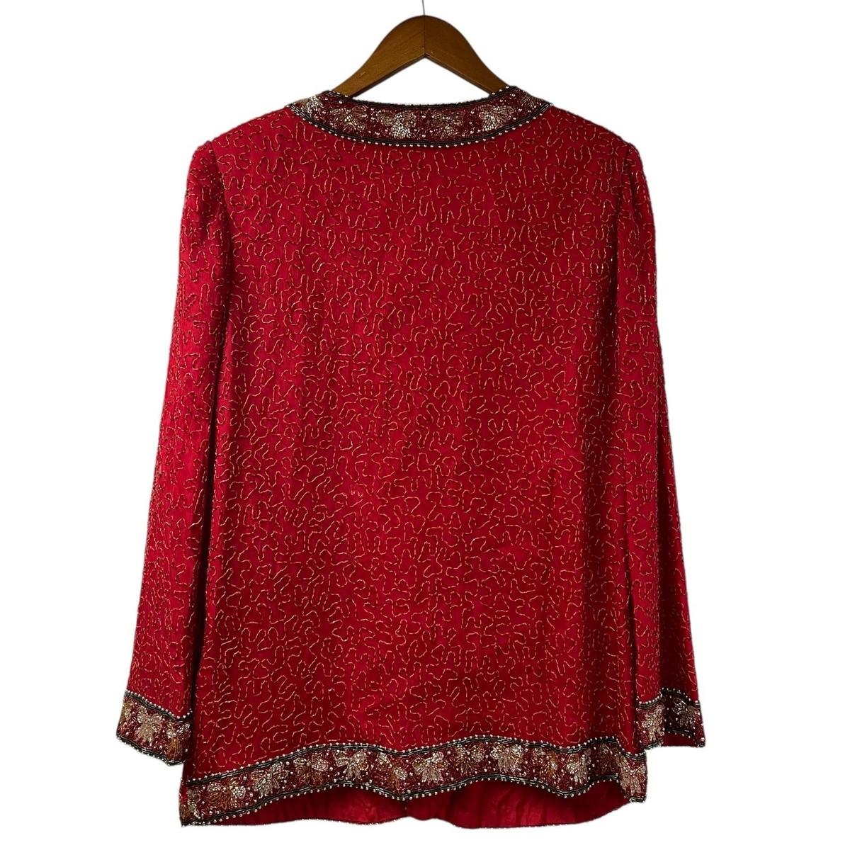 Laurence Kazar New York Red Beaded Jacket Christmas Bows 1X Silk View 2