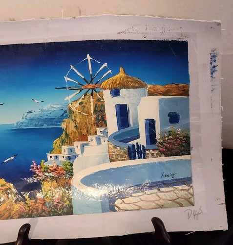 Griechische Kunst Ölgemälde auf Leinwand Darstellung Küstenszene ungedehnt 9" mal 13". - Bild 2 von 6