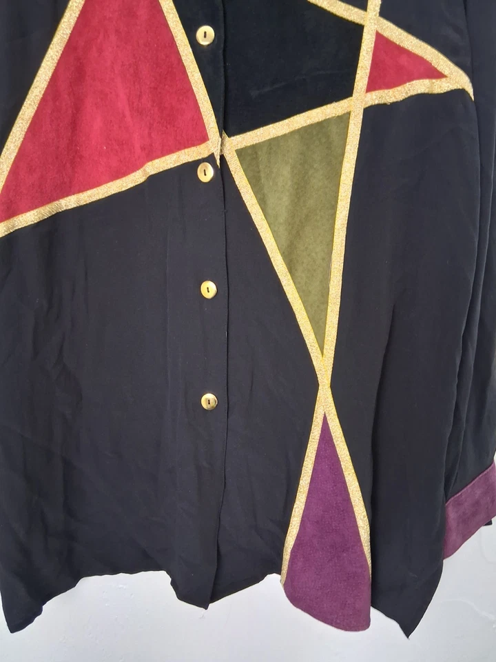 Blusa De Colección Diane Gilman Seda Gamuza Parches Puños Cuello Borde Dorado Talla Grande Foto 3 de 4