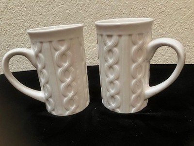 (2) Bay Island Coffee / Tea Mugs White Cable Knit Sweater Pattern