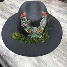 Veuve Clicquot Fedora Hat West Wear Cowboy Hand Applied Stones Beads & Feathers