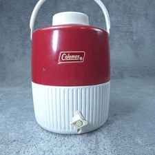 Vintage Coleman Red White Insulated Water Jug Cooler Drink Dispenser Camping