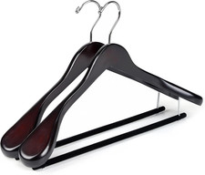 Luxury Wide Shoulder Wooden Hangers 2 Pack, with Velvet Bar, Smooth Mahogany Fin