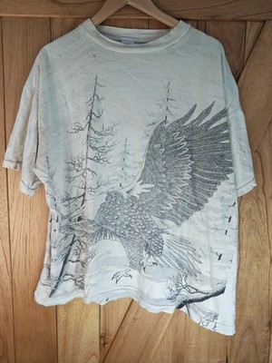 Vtg 90s Eagle Faded AOP Shirt L USA Single Stitch Nature Animal Art Grunge Biker