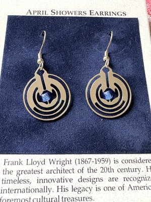 Frank Lloyd Wright April Showers Earrings Blue Bead Silver Tone Hook Card New