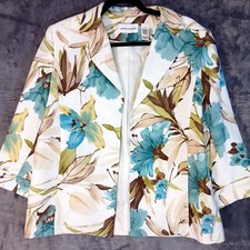 Alfred Dunner Blazer Women 14 White Teal Floral Open Front GrandmaCore Coastal