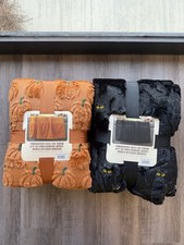 Costco Halloween Faux Fur Throw Blanket Lot of 2 Cat Pumpkin New IN HAND