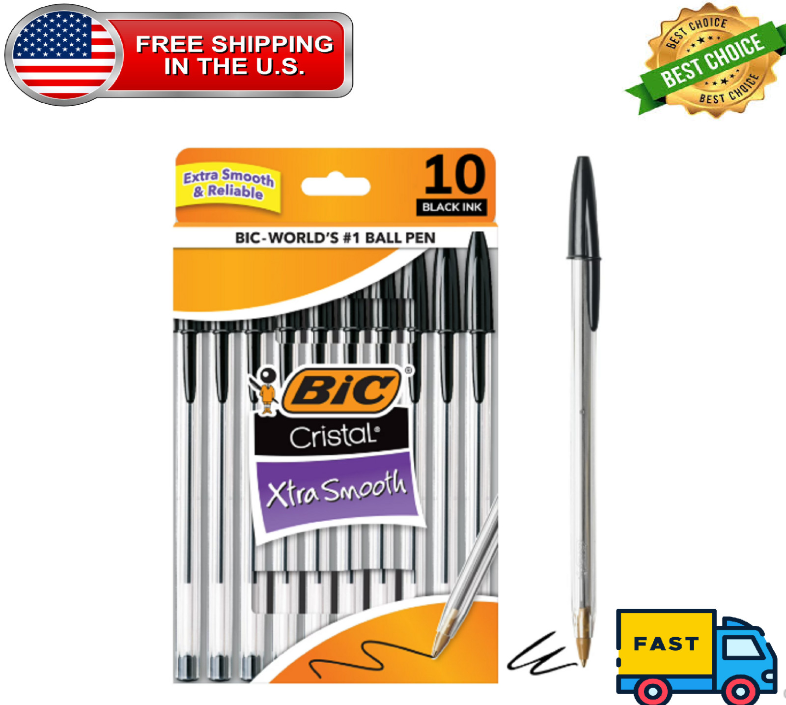 BIC Cristal Xtra Smooth Medium Point Ball Pen,School Supplies, 1.0 mm,Black,10ct