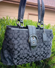 Coach Soho East West Black Signature w/Buckle- Patent Leather Trim Shoulder Bag