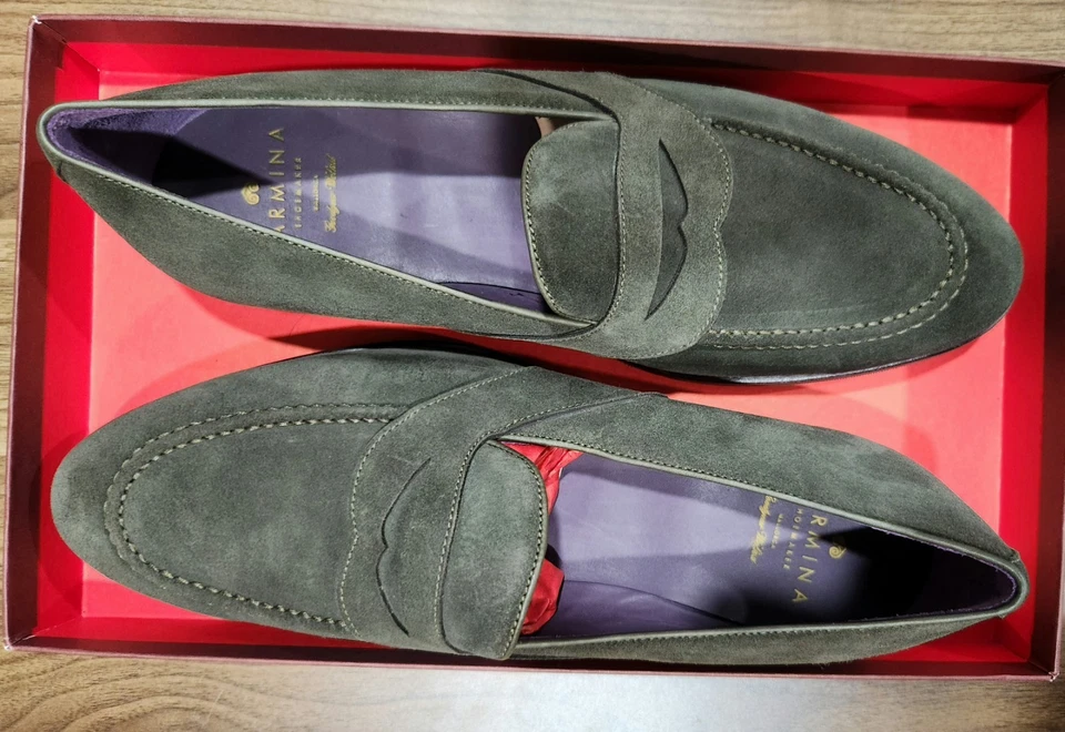 Mocasines Carmina Loden Forest de gamuza con correa completa 10 UK BNWB Foto 3 de 4