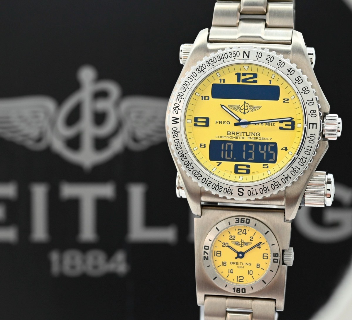 Breitling 43mm Men's Emergency Rare Yellow Dial Titanium B+P Watch