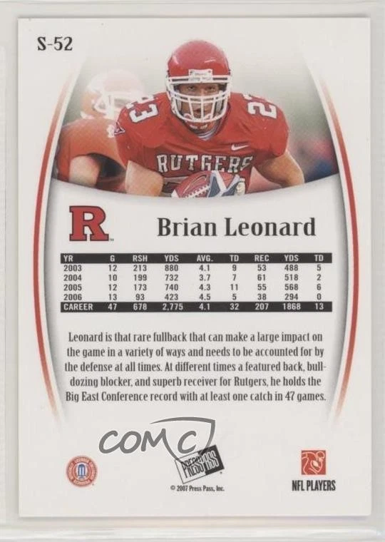 2007 Press Pass Legends Silver /499 Brian Leonard #S-52 Rookie RC - Image 2 of 2