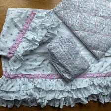 Pottery Barn Kids Brooklyn Ruffle Crib Skirt Fitted Sheet Ribbon Board 3 Pc Set