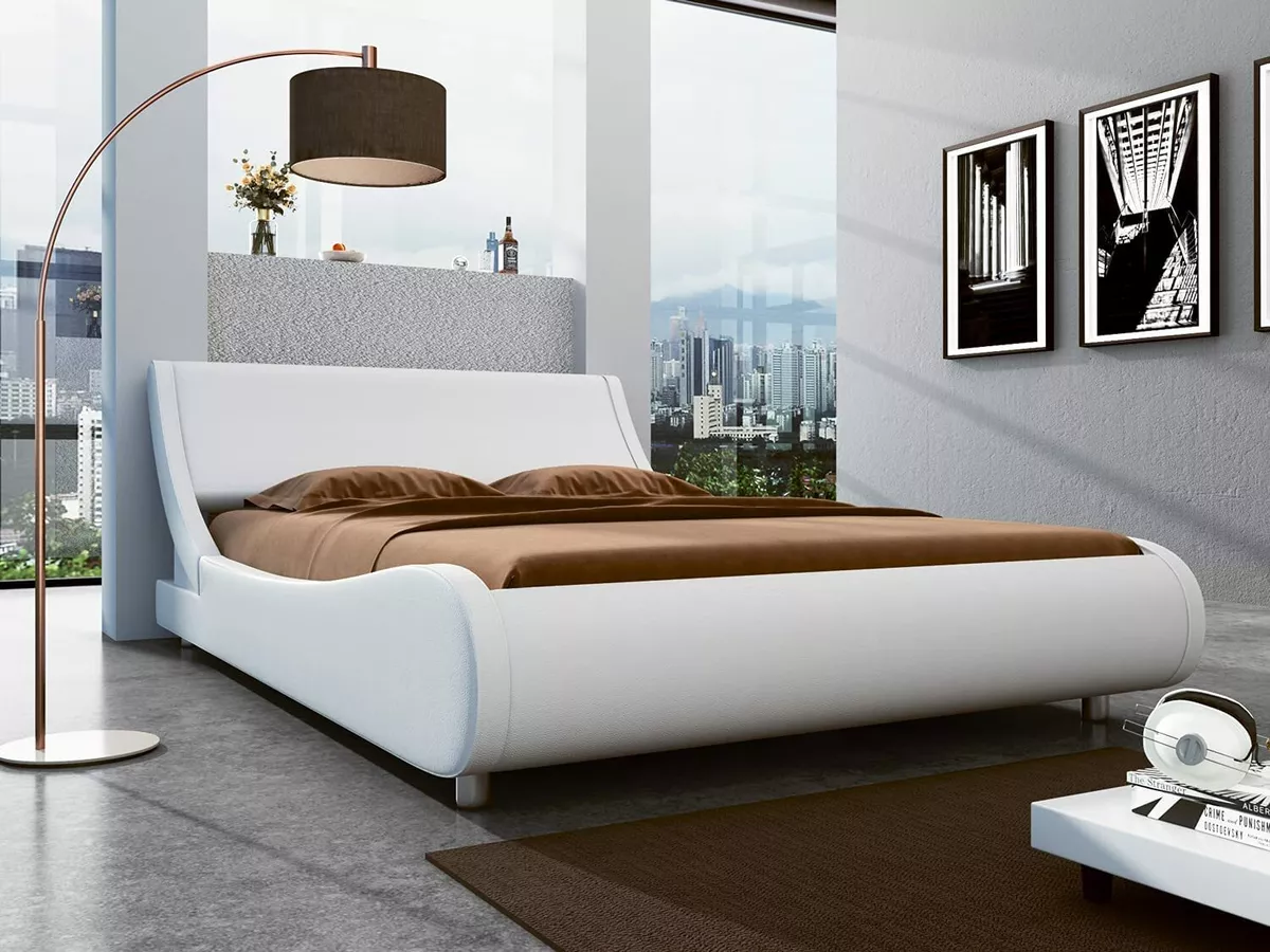 Full Size Leather Low Profile Sleigh Platform Bed Frame with