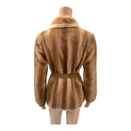 Stephen Dattner Tan Faux Fur Coat Belted Button Up Sz 12 - Picture 6 of 12