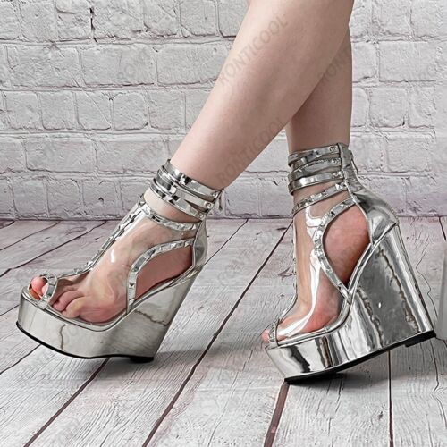 Sandalias de verano para mujer con tachuelas cuñas tacones altos punta abierta doradas damas zapatos de fiesta - Imagen 23 de 24