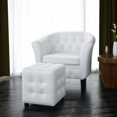 Vidaxl Armchair White Tufted Tub Barrel Design Club Chair Ottoman Foot Stool 8718475956983 Vidaxl Armchair White Tufted Tub Barrel, White Tufted Chair And Ottoman