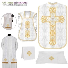 NEW White Roman Chasuble Fiddleback Vestment & Mass set, Holy Spirit embroidery