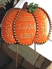 Embossed Harvest Metal Wire Ribbon Pumpkin Stake Orange 15" GRATEFUL, BLESSED