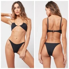 L*Space Van Damme Bikini Bottom Black & Gold Chain Bitsy Size Small NEW