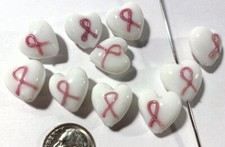 Bead, Heart, Pink Ribbon Breast Cancer Awareness Glass 14x15mm Heart Beads 10  