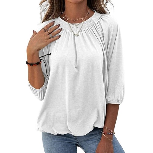 Women 3/4 Puff Sleeve Crew Neck Shirts Solid Color Elastic Hem Pleated Basic Top - Picture 14 of 48