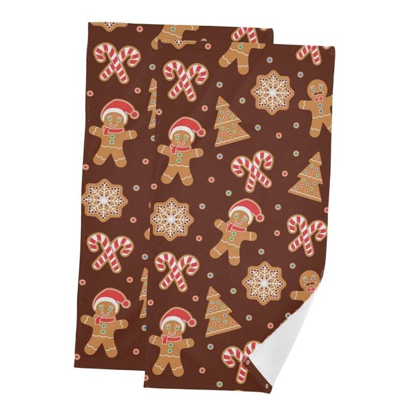 2 Pack Christmas Gingerbread Candy Kitchen Dish Towels Set Merry Xmas Pattern1