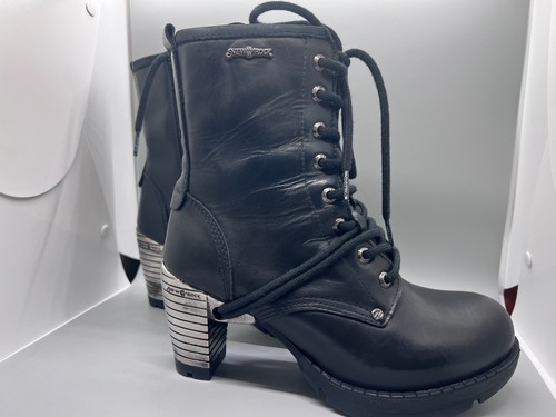 NEW ROCK metal black leather goth tacon ankle boots US 7 UK 5 NIB - Picture 3 of 4