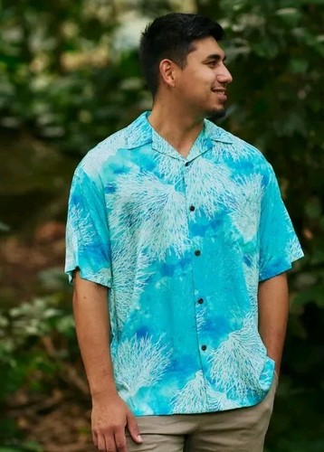 Hilo Hattie Aloha Shirt Mens XL Coral Print Blue White Hawaiian Vacation Resort - Picture 11 of 11