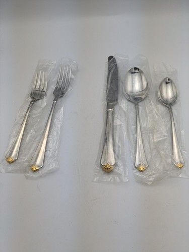 Oneida Golden Juilliard 18/8 acciaio inox + oro 24k posate cimelio 5 pezzi made in USA - Foto 6 di 10