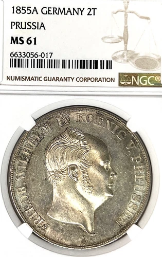 German States Prussia 1855 A 2 Talers Coin Thaler NGC MS 61 VZ/F.STG UNC RARE