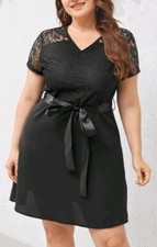 Plus Size 24 Black Lace Shoulder Ribbon Tie Waist Skater Style Dress Tunic top