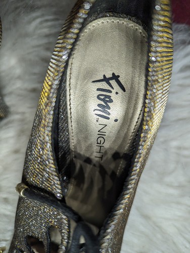FIONI NIGHT High Heels Lace Up STRAPPY Black Silver GOLD SPARKLE Peep Toe Size 9 - Picture 7 of 15