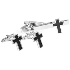 Cross Cufflinks Christian Pair of Cufflinks & Tie Bar Clip with Presentation ...