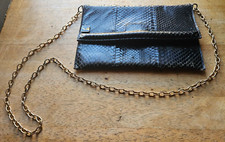 BLACK SNAKESKIN PURSE. VINTAGE TL. CHAIN SHOULDER STRAP. LEATHER LINED INTERIOR