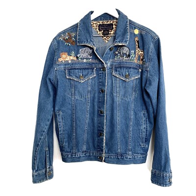 Vintage Zoo Animal Embroidered Denim Jean Jacket Leopard Print Vintage Zoo Animal Embroidered Denim Jean Jacket Leopard Print