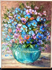 ORIGINAL Painting OIL impasto "FLOWERS in VASE"  9"x 12"by Olga Diduh.
